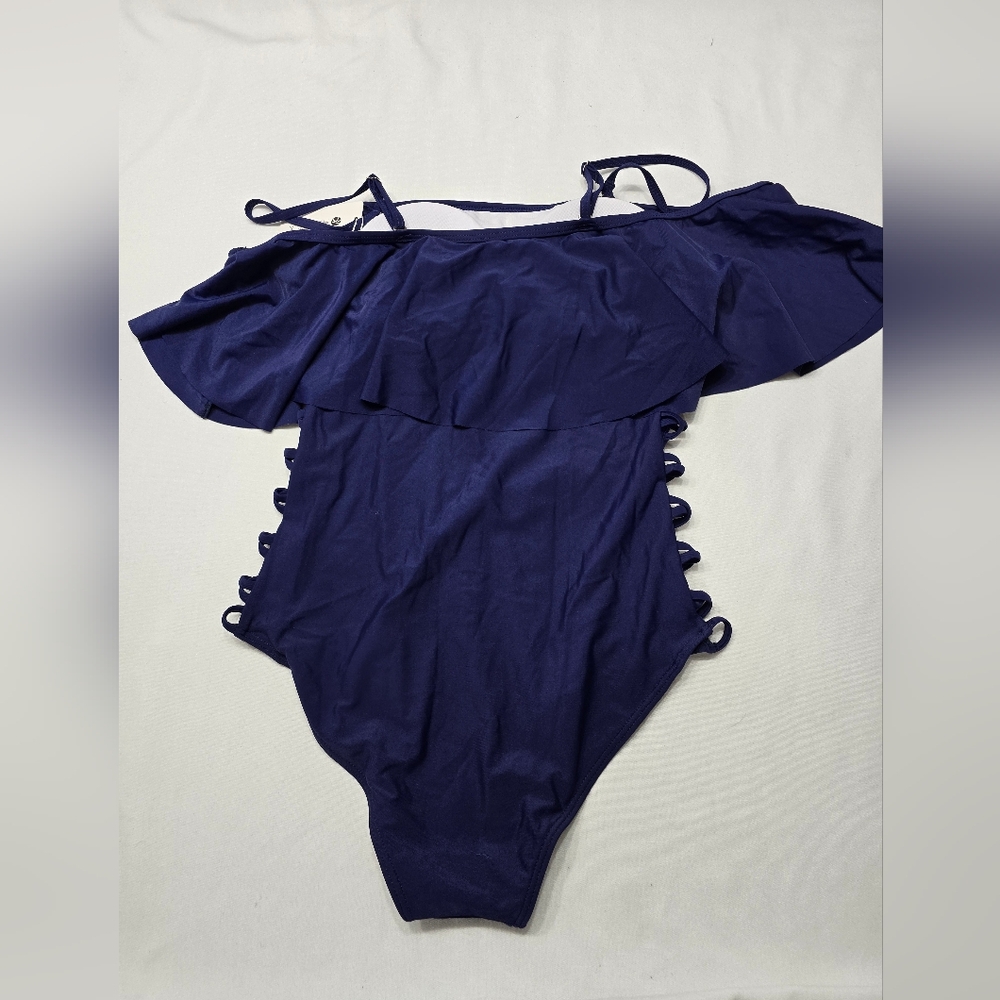 New Off the Shoulder Navy Blue Ruffled Swimsuit open sides